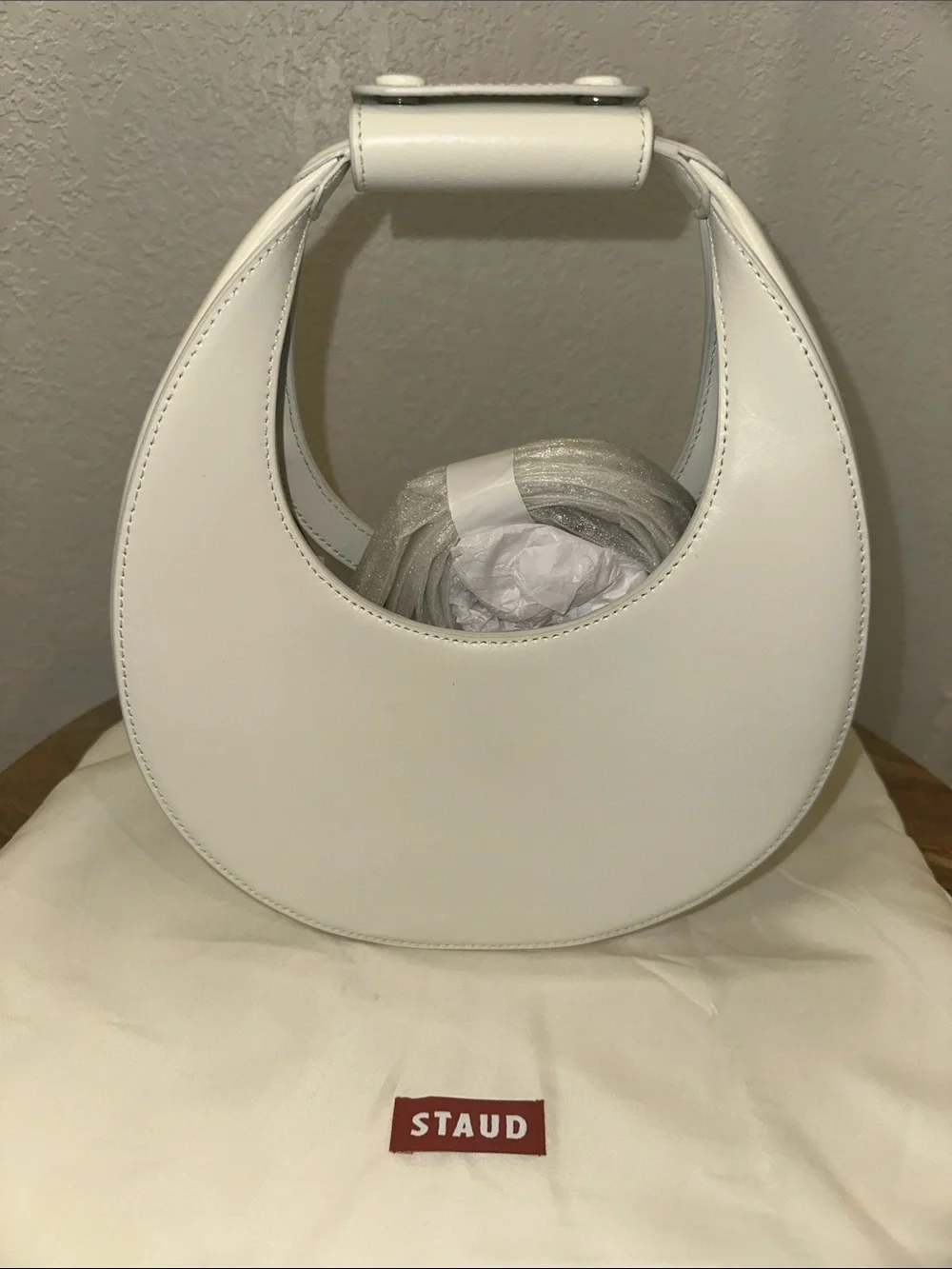 STAUD Crescent Mini Moon Leather Bag White